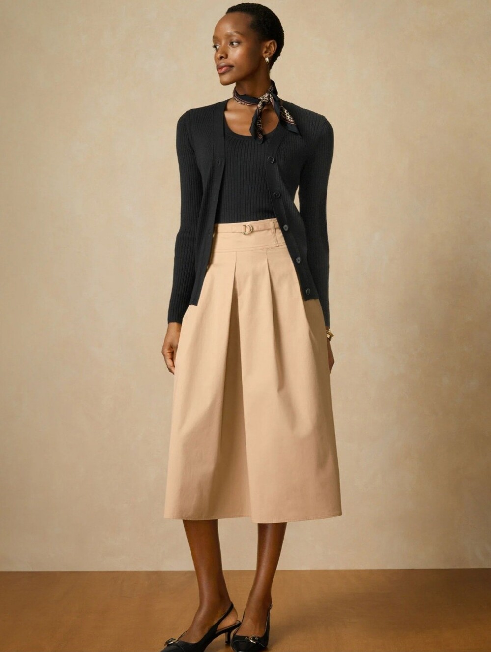 NWT Talbots Fit & Flare Twill Khaki Tan Skirt Chic Cotton Side Zip Belt 8